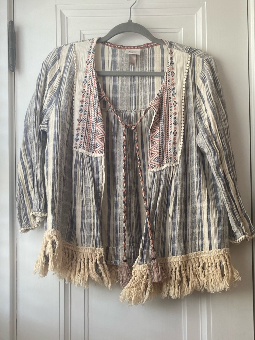 Knox Rose blue striped swing jacket light topper boho embroidered fringe L